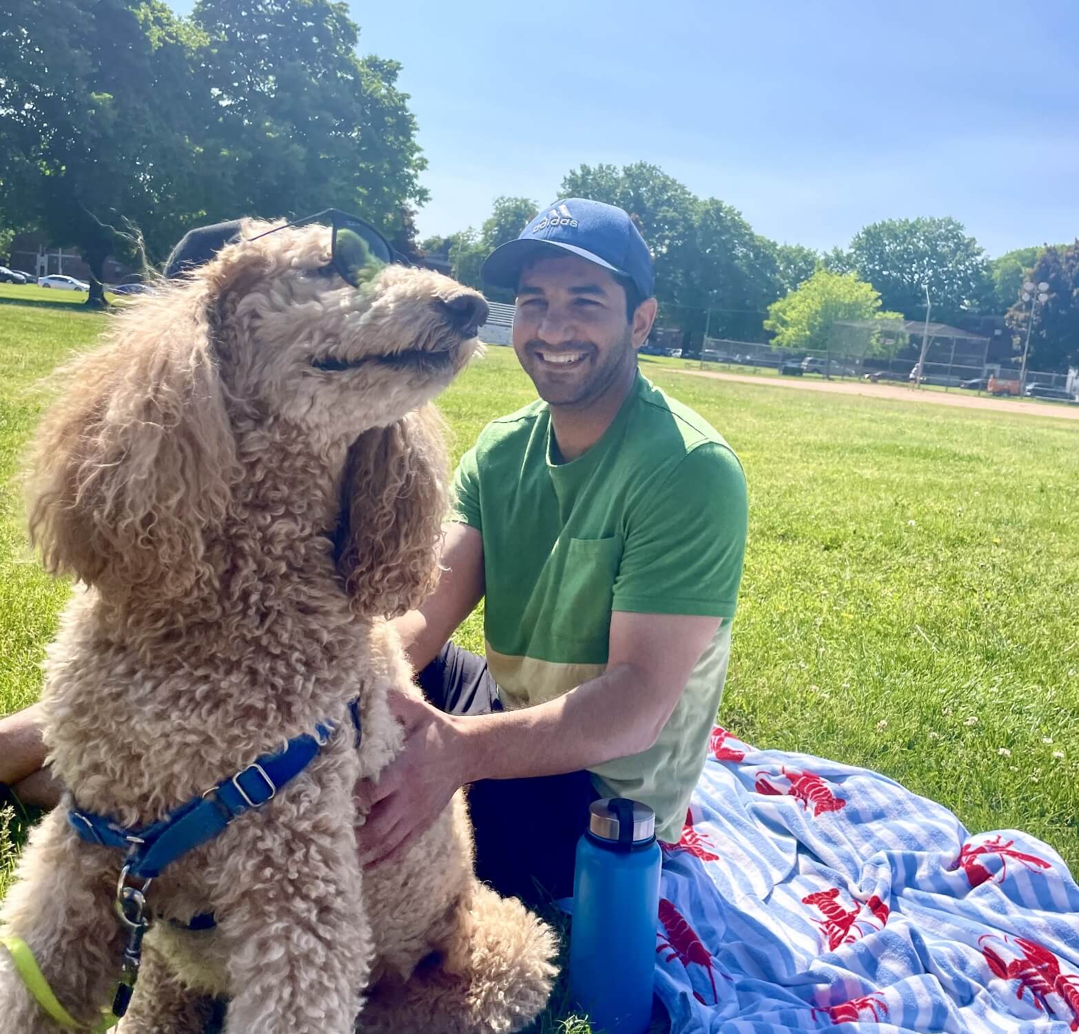 Doctor Foroughi petting his fluffy dog while at picnic