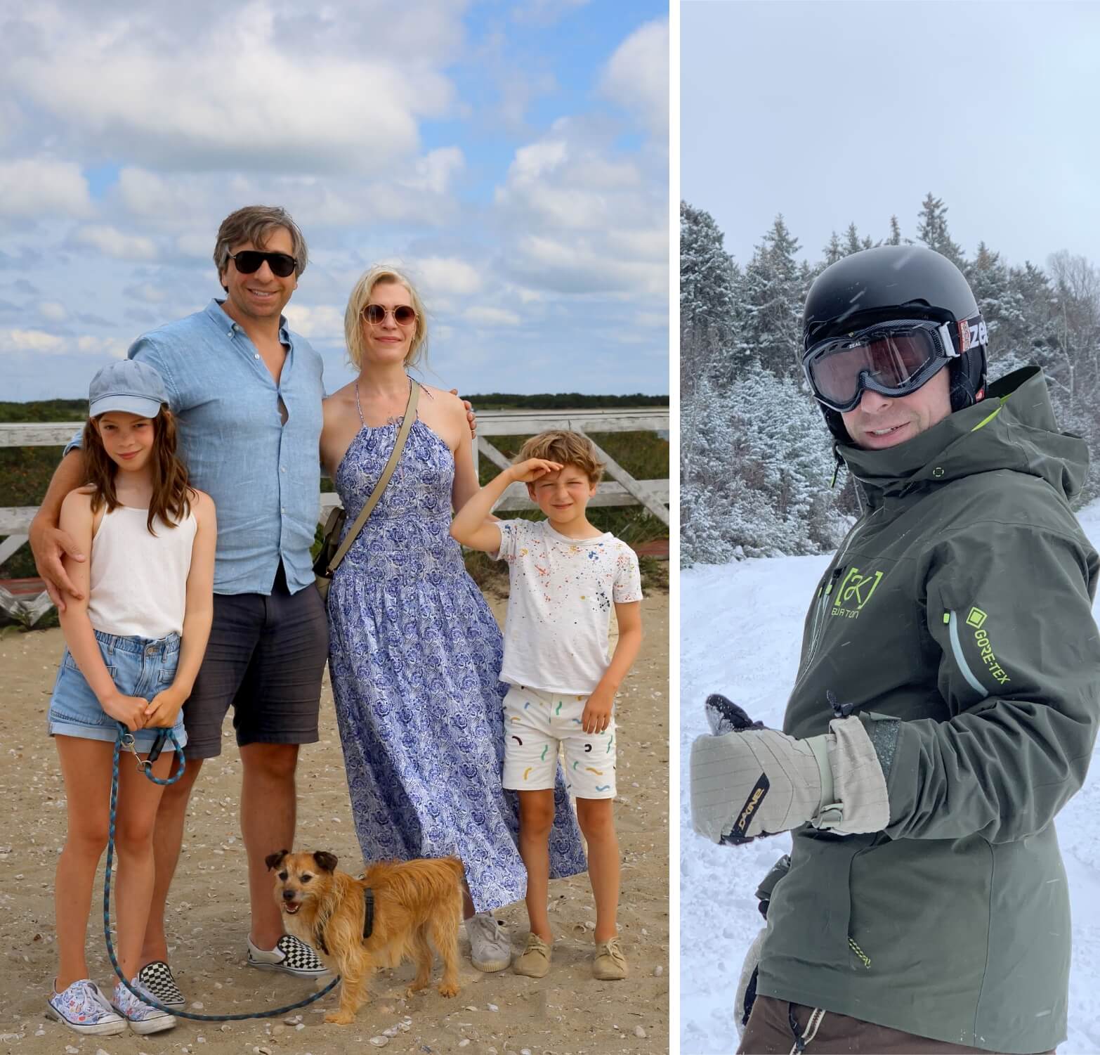 Collage of Doctor Page with his family on the beach and skiing