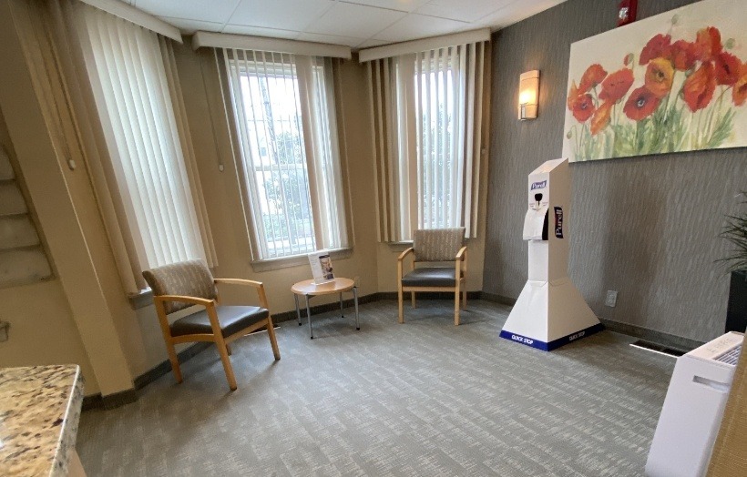 Sanitation station in dental office waiting area